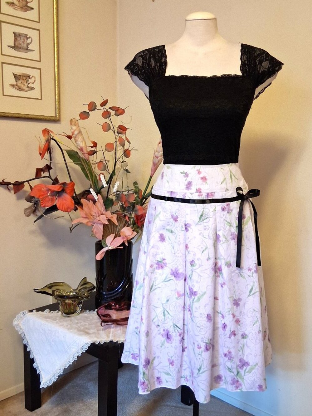 Floral Pleated Lined Midi Skirt A-Line Flared Quality Purple Summer Skirts 12